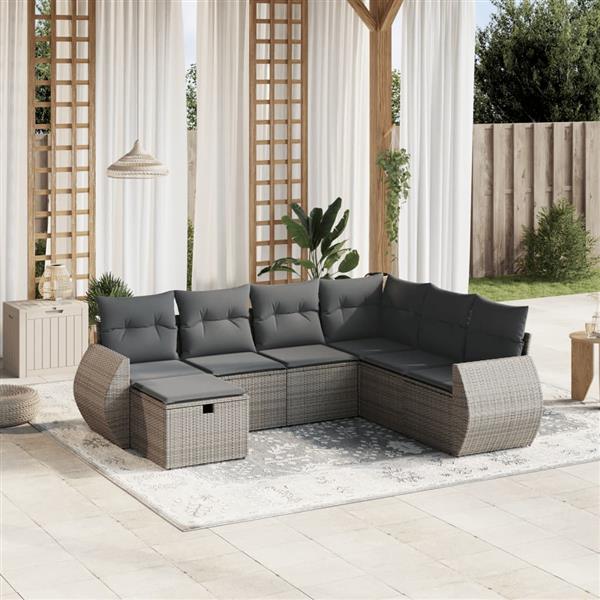 Grote foto vidaxl 7 delige loungeset met kussens poly rattan grijs tuin en terras tuinmeubelen