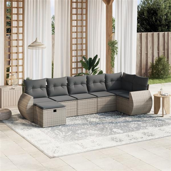Grote foto vidaxl 7 delige loungeset met kussens poly rattan grijs tuin en terras tuinmeubelen