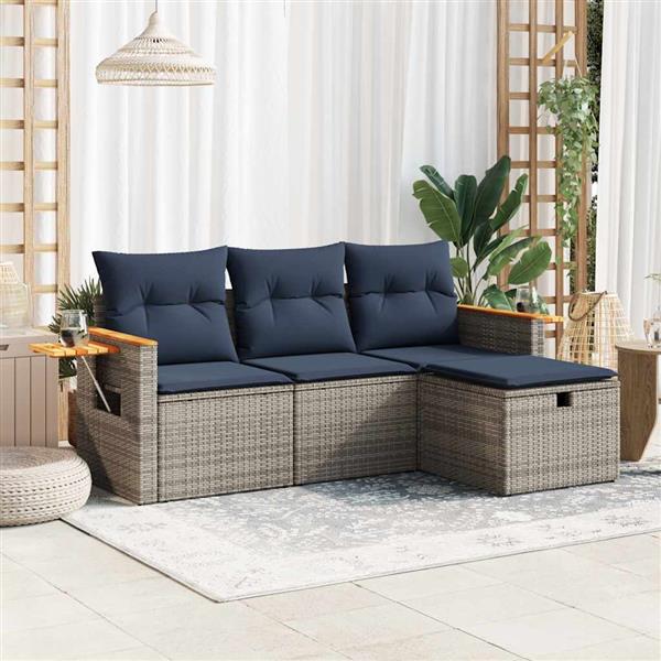 Grote foto vidaxl 4 delige loungeset met kussens poly rattan grijs tuin en terras tuinmeubelen