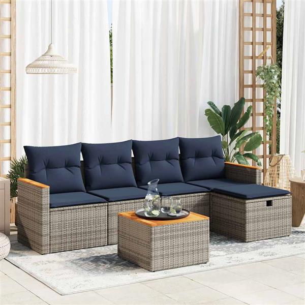 Grote foto vidaxl 6 delige loungeset met kussens poly rattan grijs tuin en terras tuinmeubelen