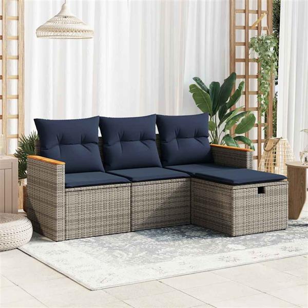 Grote foto vidaxl 4 delige loungeset met kussens poly rattan grijs tuin en terras tuinmeubelen