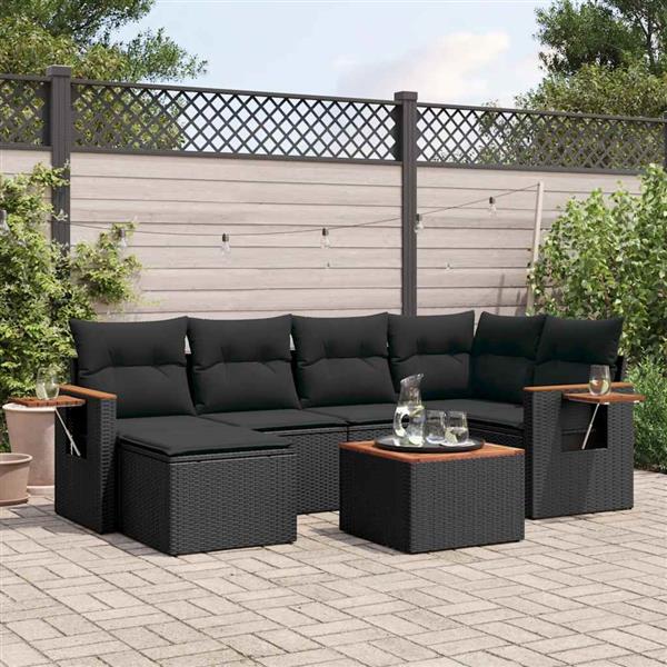 Grote foto vidaxl 7 delige loungeset met kussens poly rattan zwart tuin en terras tuinmeubelen