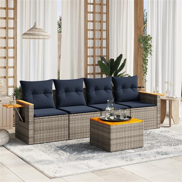 Grote foto vidaxl 5 delige loungeset met kussens poly rattan grijs tuin en terras tuinmeubelen