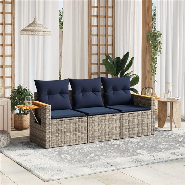 Grote foto vidaxl 3 delige loungeset met kussens poly rattan grijs tuin en terras tuinmeubelen