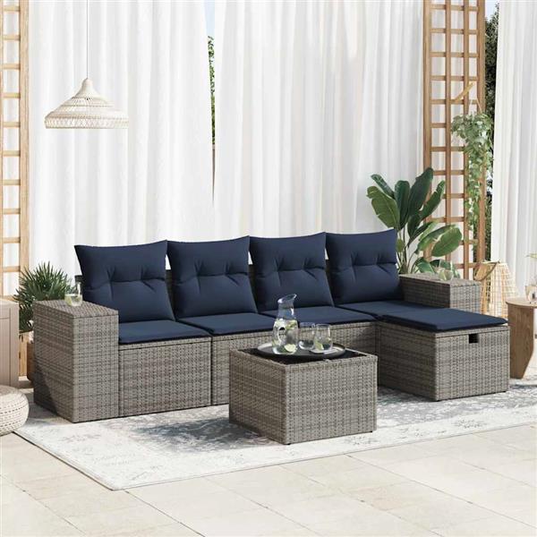 Grote foto vidaxl 6 delige loungeset met kussens poly rattan grijs tuin en terras tuinmeubelen