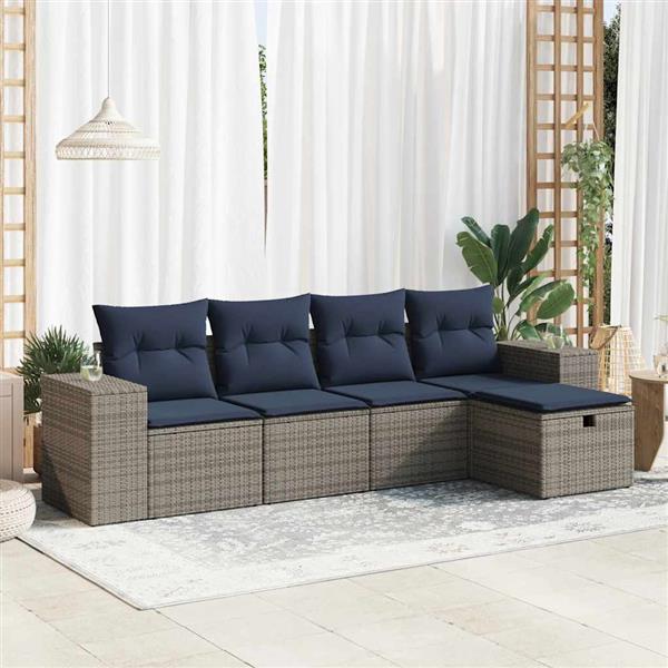 Grote foto vidaxl 5 delige loungeset met kussens poly rattan grijs tuin en terras tuinmeubelen