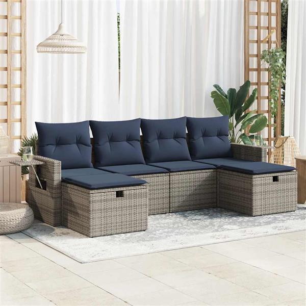 Grote foto vidaxl 6 delige loungeset met kussens poly rattan grijs tuin en terras tuinmeubelen