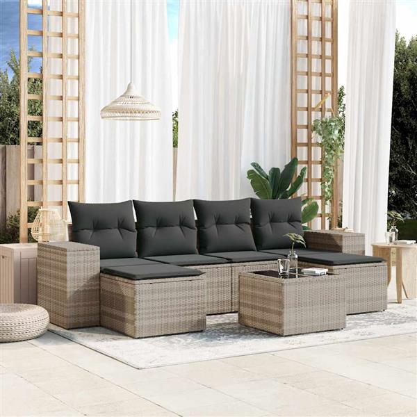 Grote foto vidaxl 7 delige loungeset met kussens poly rattan lichtgrijs tuin en terras tuinmeubelen