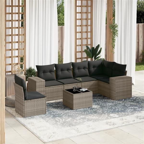 Grote foto vidaxl 7 delige loungeset met kussens poly rattan grijs tuin en terras tuinmeubelen