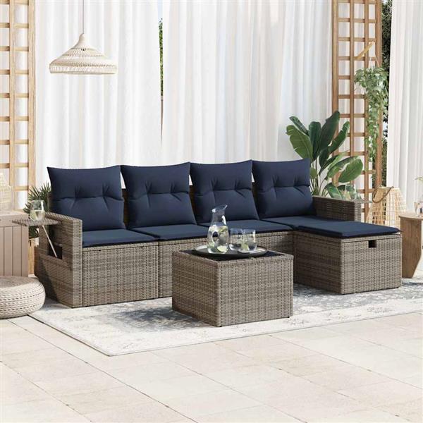 Grote foto vidaxl 6 delige loungeset met kussens poly rattan grijs tuin en terras tuinmeubelen