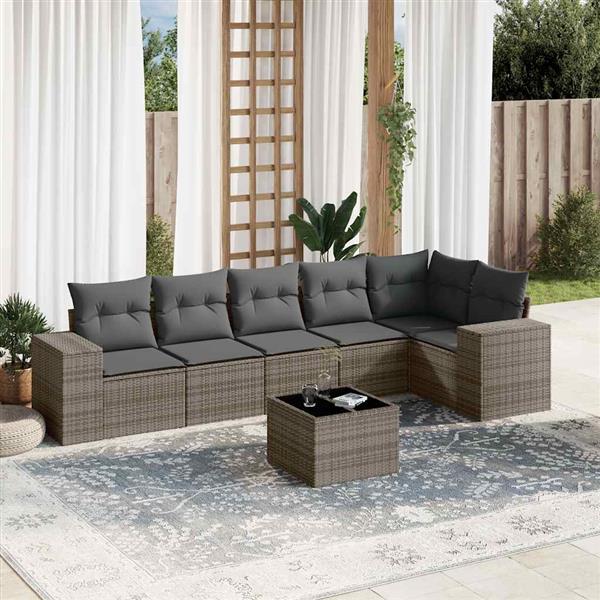 Grote foto vidaxl 7 delige loungeset met kussens poly rattan grijs tuin en terras tuinmeubelen