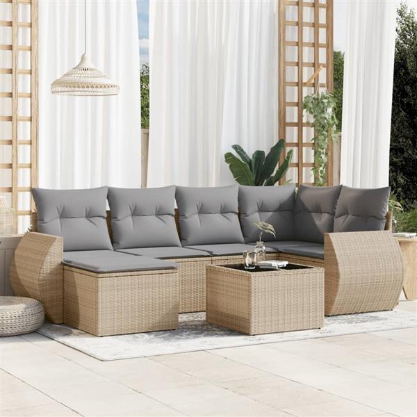 Grote foto vidaxl 7 delige loungeset met kussens poly rattan beige tuin en terras tuinmeubelen