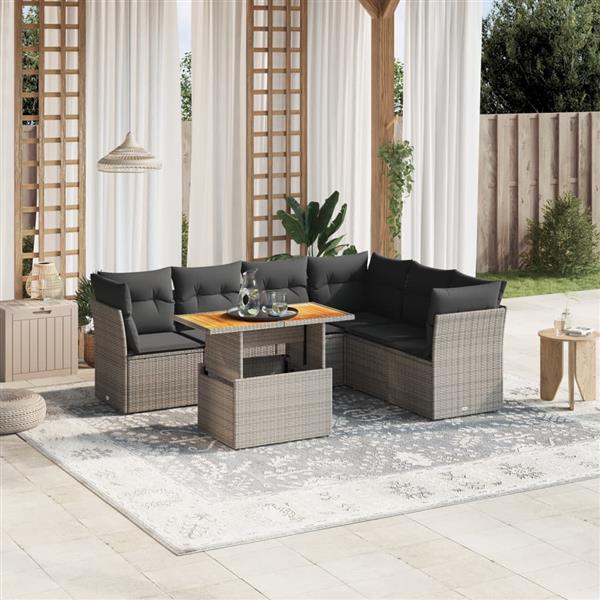 Grote foto vidaxl 7 delige loungeset met kussens poly rattan grijs tuin en terras tuinmeubelen