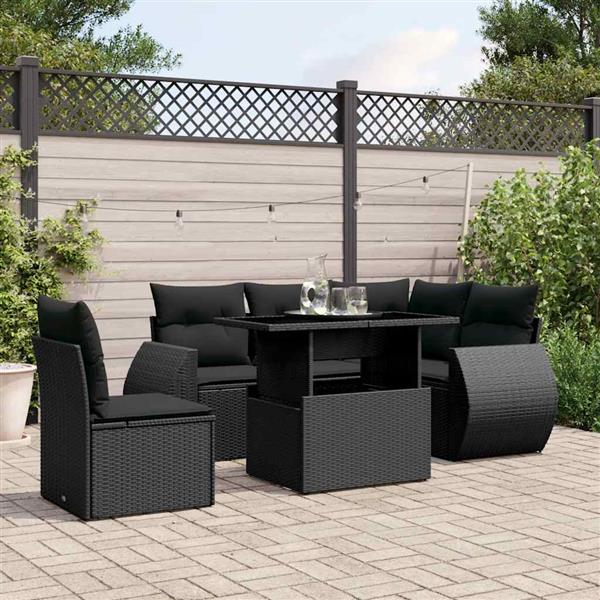 Grote foto vidaxl 6 delige loungeset met kussens poly rattan zwart tuin en terras tuinmeubelen