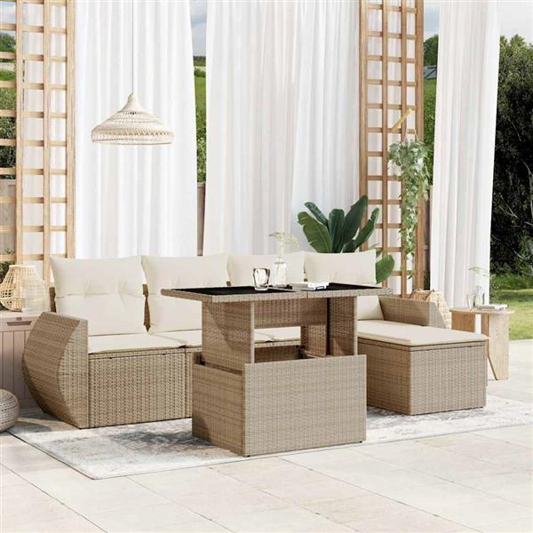 Grote foto vidaxl 6 delige loungeset met kussens poly rattan beige tuin en terras tuinmeubelen
