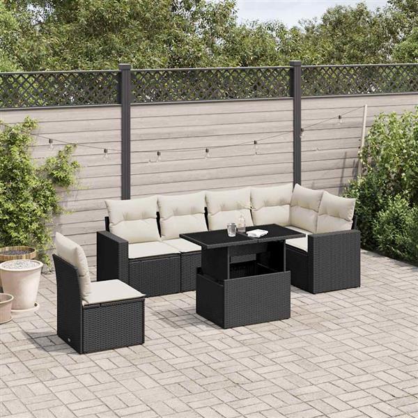 Grote foto vidaxl 7 delige loungeset met kussens poly rattan zwart tuin en terras tuinmeubelen