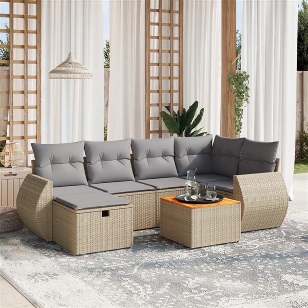 Grote foto vidaxl 7 delige loungeset met kussens poly rattan gemengd beige tuin en terras tuinmeubelen