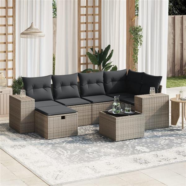 Grote foto vidaxl 7 delige loungeset met kussens poly rattan grijs tuin en terras tuinmeubelen