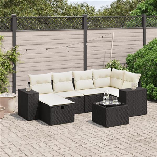 Grote foto vidaxl 7 delige loungeset met kussens poly rattan zwart tuin en terras tuinmeubelen