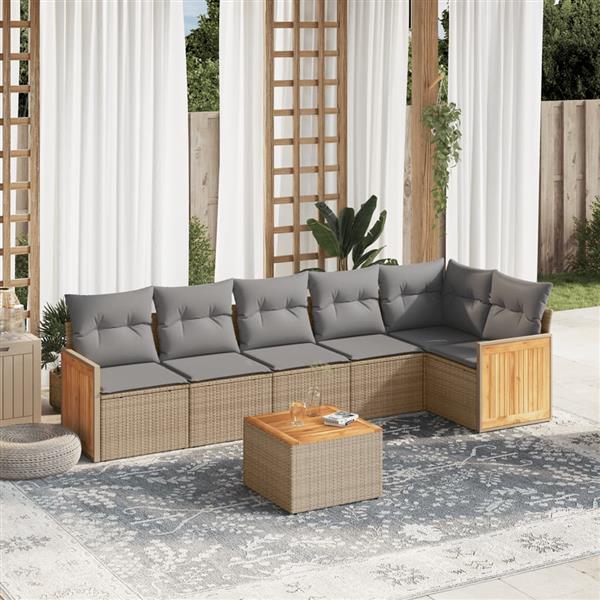 Grote foto vidaxl 7 delige loungeset met kussens poly rattan beige tuin en terras tuinmeubelen