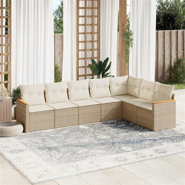 Grote foto vidaxl 7 delige loungeset met kussens poly rattan beige tuin en terras tuinmeubelen