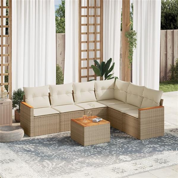Grote foto vidaxl 7 delige loungeset met kussens poly rattan beige tuin en terras tuinmeubelen