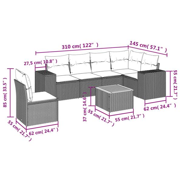 Grote foto vidaxl 7 delige loungeset met kussens poly rattan grijs tuin en terras tuinmeubelen