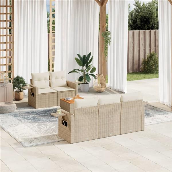 Grote foto vidaxl 6 delige loungeset met kussens poly rattan beige tuin en terras tuinmeubelen