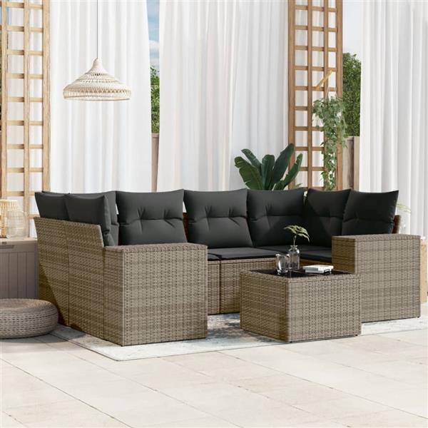 Grote foto vidaxl 7 delige loungeset met kussens poly rattan grijs tuin en terras tuinmeubelen