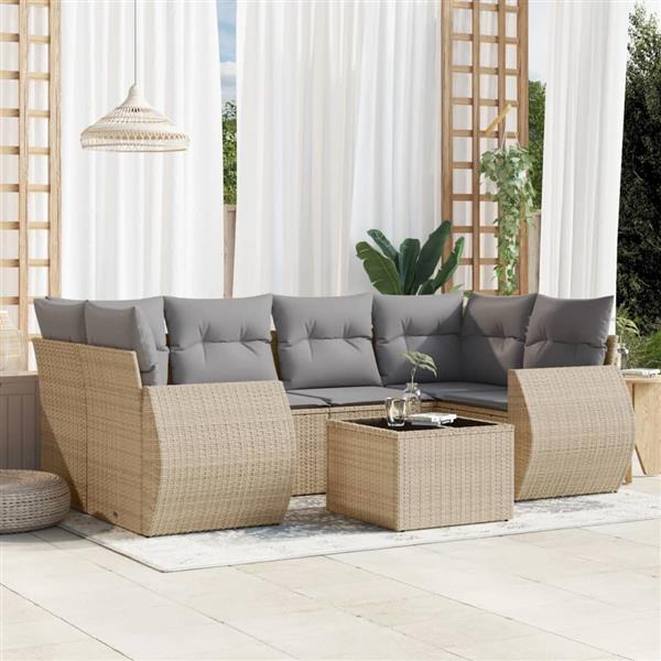 Grote foto vidaxl 7 delige loungeset met kussens poly rattan beige tuin en terras tuinmeubelen