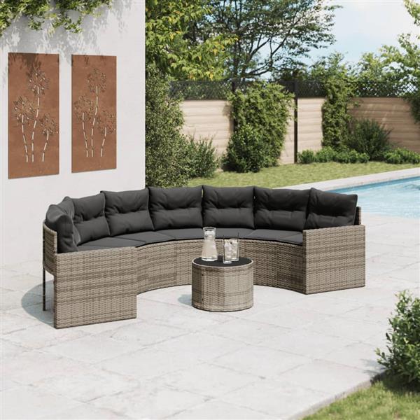 Grote foto vidaxl tuinbank met tafel en kussens halfrond poly rattan grijs tuin en terras tuinmeubelen