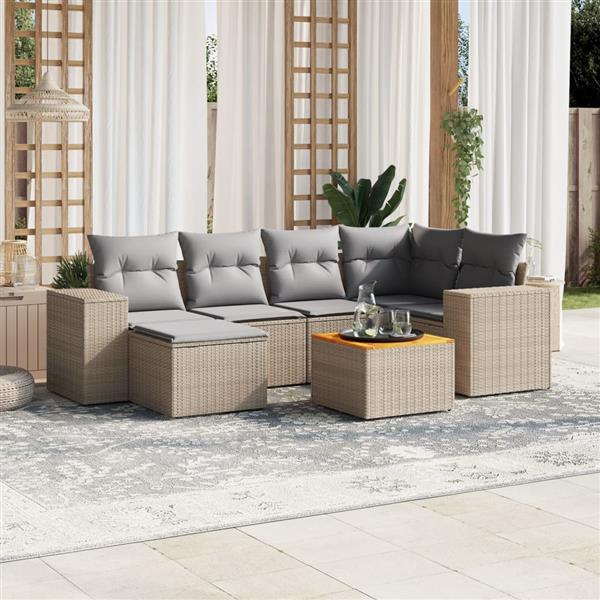 Grote foto vidaxl 7 delige loungeset met kussens poly rattan beige tuin en terras tuinmeubelen
