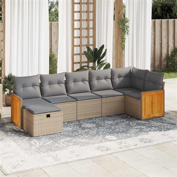 Grote foto vidaxl 7 delige loungeset met kussens poly rattan beige tuin en terras tuinmeubelen