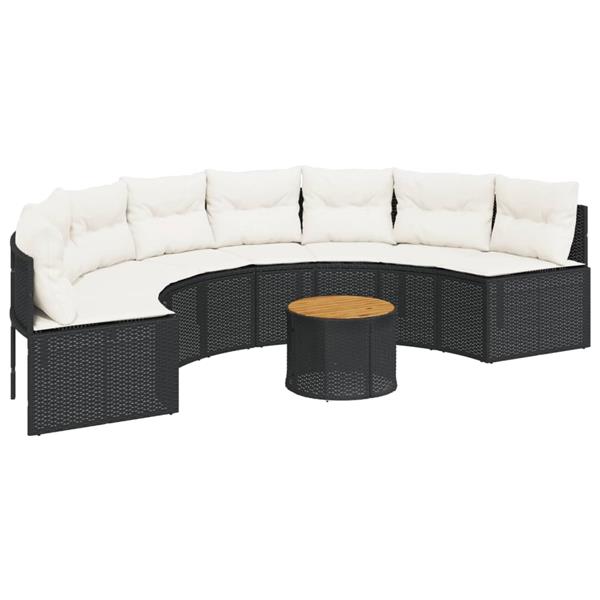 Grote foto vidaxl tuinbank met tafel en kussens halfrond poly rattan zwart tuin en terras tuinmeubelen