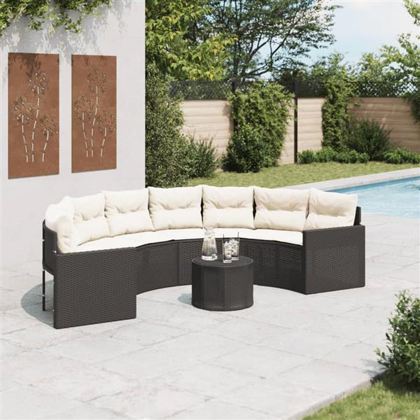 Grote foto vidaxl tuinbank met tafel en kussens halfrond poly rattan zwart tuin en terras tuinmeubelen