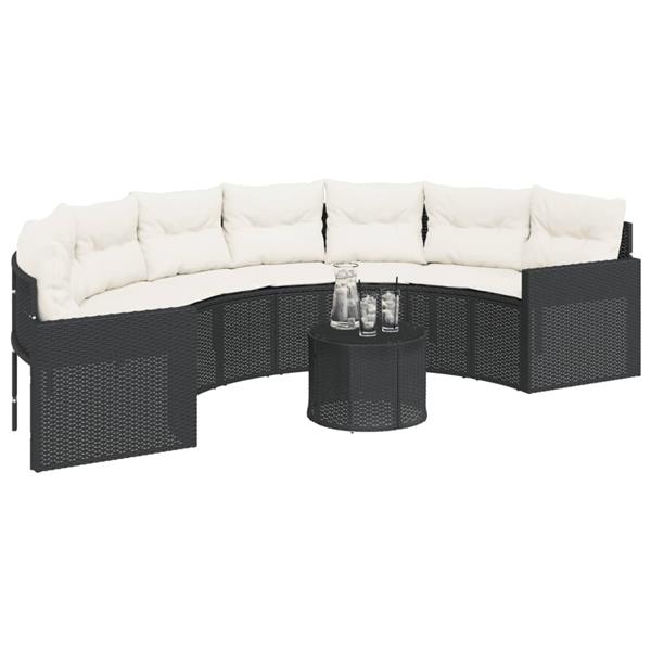 Grote foto vidaxl tuinbank met tafel en kussens halfrond poly rattan zwart tuin en terras tuinmeubelen
