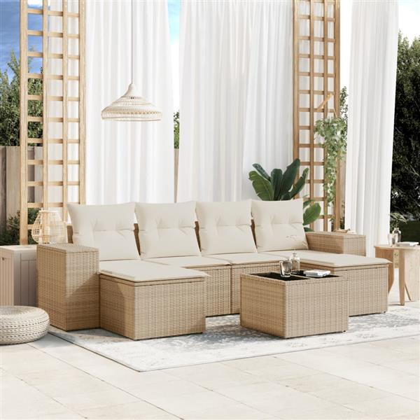 Grote foto vidaxl 7 delige loungeset met kussens poly rattan beige tuin en terras tuinmeubelen