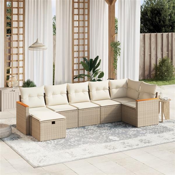 Grote foto vidaxl 7 delige loungeset met kussens poly rattan beige tuin en terras tuinmeubelen