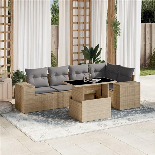 Grote foto vidaxl 6 delige loungeset met kussens poly rattan beige tuin en terras tuinmeubelen