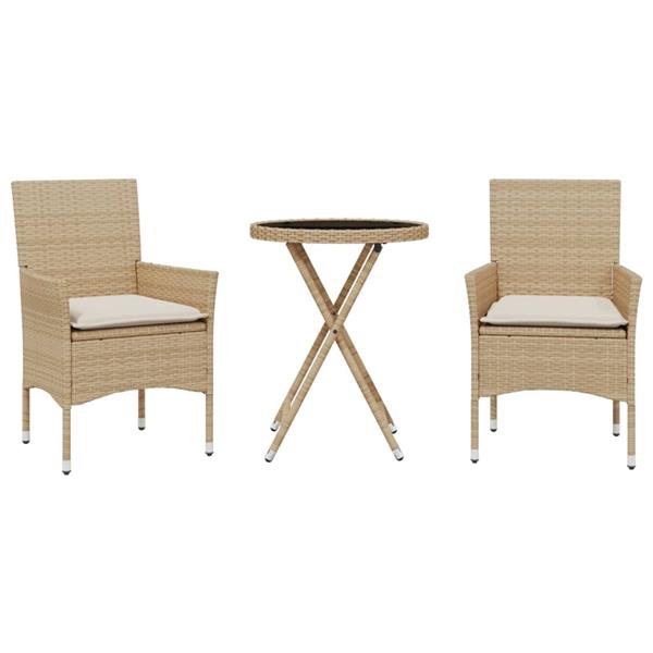 Grote foto vidaxl 3 delige bistroset met kussens poly rattan en glas beige tuin en terras tuinmeubelen