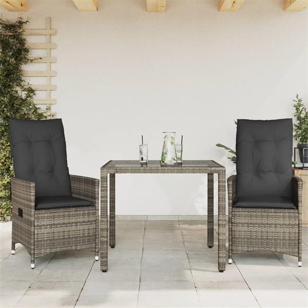 Grote foto vidaxl 3 delige bistroset met kussens poly rattan grijs tuin en terras tuinmeubelen