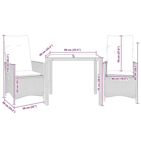 Grote foto vidaxl 3 delige bistroset met kussens poly rattan grijs tuin en terras tuinmeubelen
