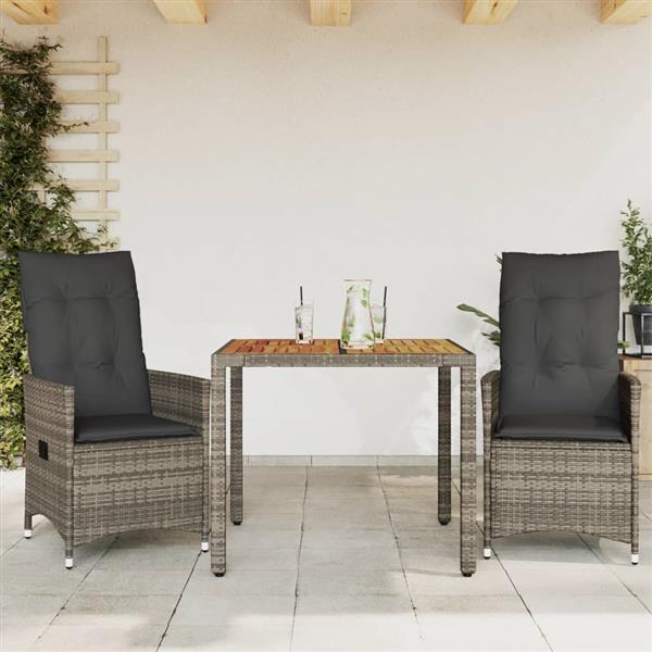 Grote foto vidaxl 3 delige bistroset met kussens poly rattan grijs tuin en terras tuinmeubelen