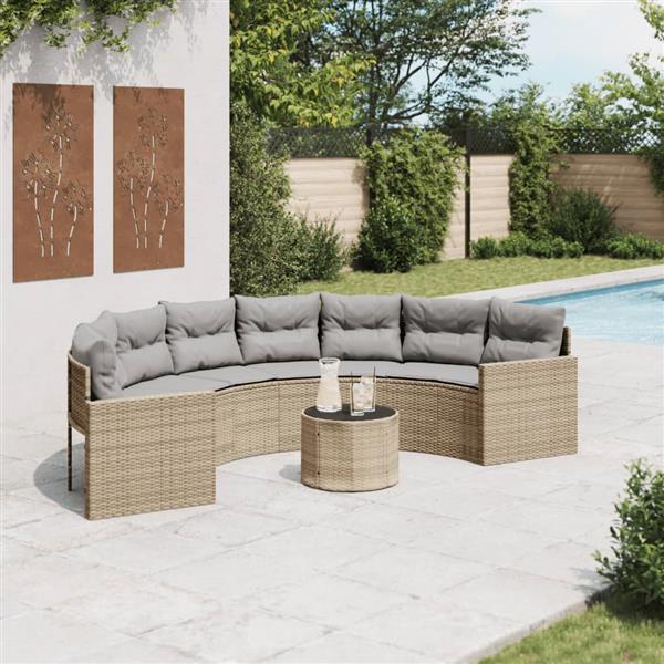 Grote foto vidaxl tuinbank met tafel en kussens halfrond poly rattan beige tuin en terras tuinmeubelen