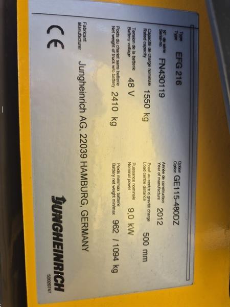Grote foto jungheinrich efg216 3 wieler elektrisch mast 3f480 2128 uur. agrarisch heftrucks
