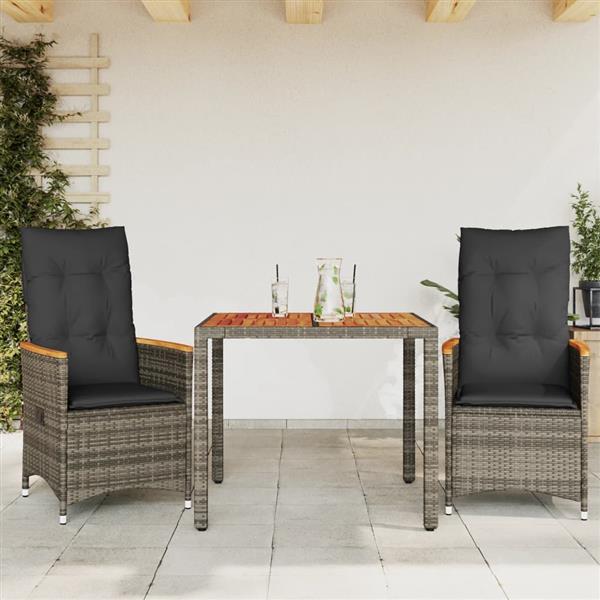 Grote foto vidaxl 3 delige bistroset met kussens poly rattan grijs tuin en terras tuinmeubelen