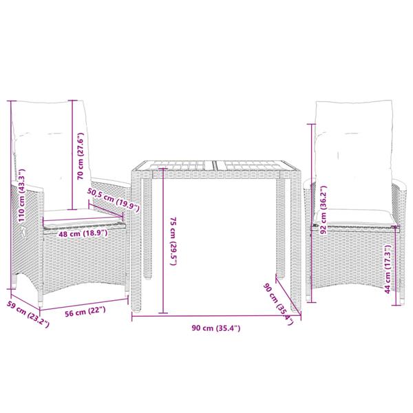 Grote foto vidaxl 3 delige bistroset met kussens poly rattan grijs tuin en terras tuinmeubelen