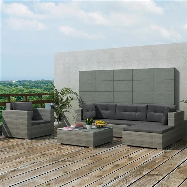 Grote foto vidaxl 6 delige loungeset met kussens poly rattan grijs tuin en terras tuinmeubelen