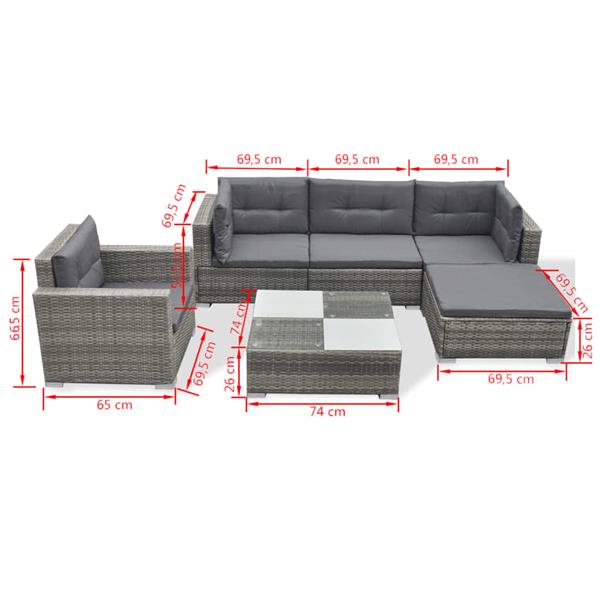 Grote foto vidaxl 6 delige loungeset met kussens poly rattan grijs tuin en terras tuinmeubelen