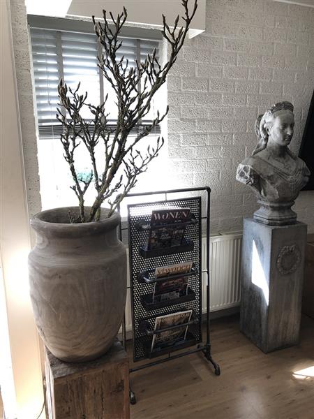 Grote foto prachtige forse houten vaas pot in de kleur grijs. tuin en terras tuindecoratie